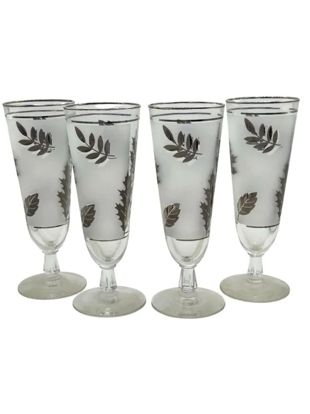 Vtg Libbey Silver Foliage Leaf Footed Pilsner Glasses Set Of 4 Frosted Champagne - Picture 4 of 12